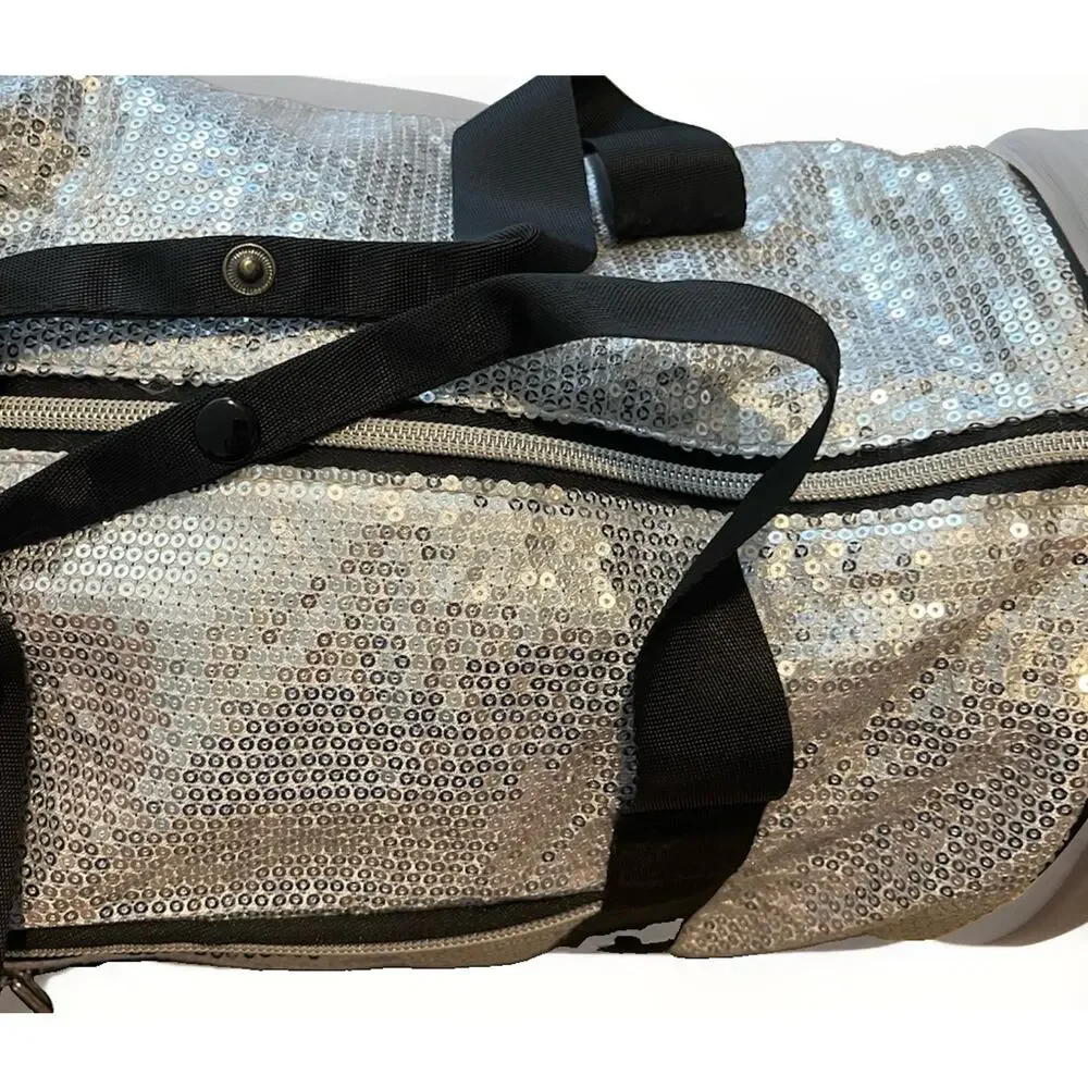 Danz N Motion Dance Duffle Bag Silver Sequin Black Pom Pom Charm 13.5 X 8